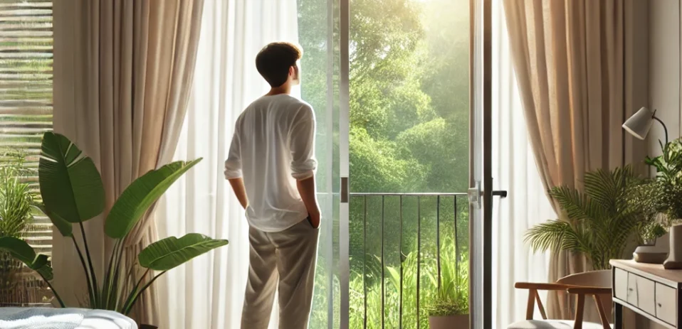 DALL·E 2024-12-17 08.17.06 - A peaceful morning scene showing a person standing in a bright, modern room in front of an open balcony door. The room is filled with soft sunlight, a